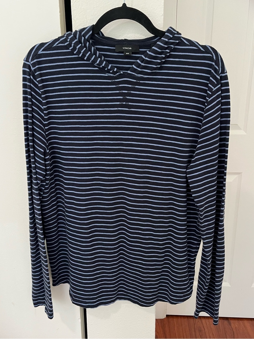 Vince Navy and Light Blue Striped Hooded Long-Sleeve Pullover